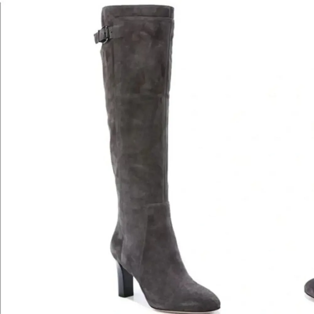 Via Spiga PArca Suede Knee High Boots‎ Buckle Heel Zip Gray Women's Size 6.5